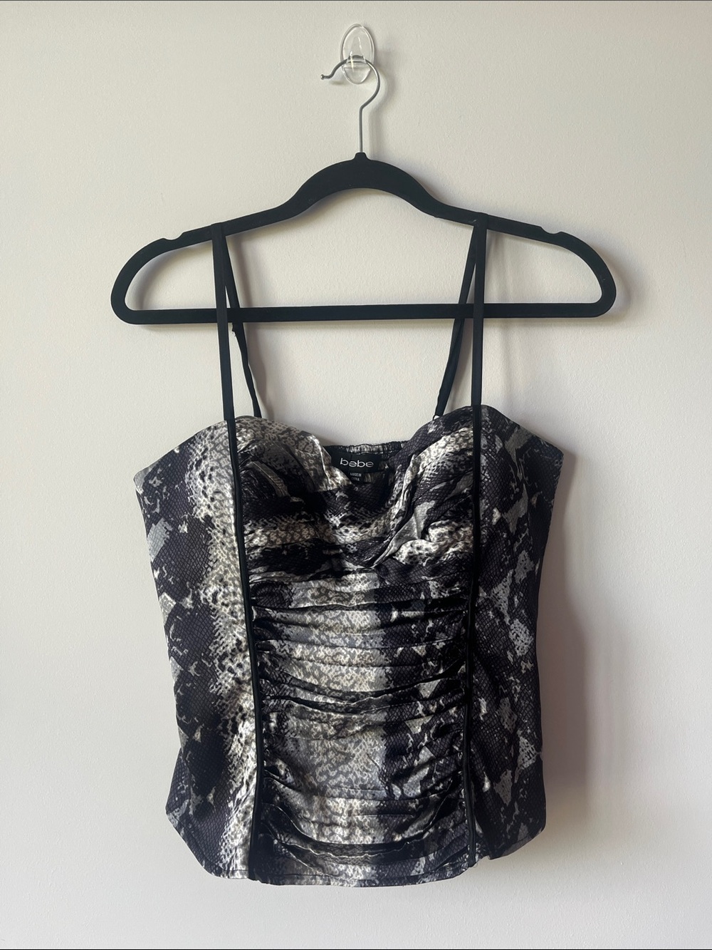 Bebe Black & Gray Snake-Print Ruched Bustier Top